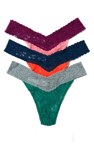 Hanky Panky Stretch Lace Thong Panties In Green/ Orange/ Coral