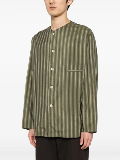 Lemaire Men Collarless Relaxed Shirt In Olive White Mu044