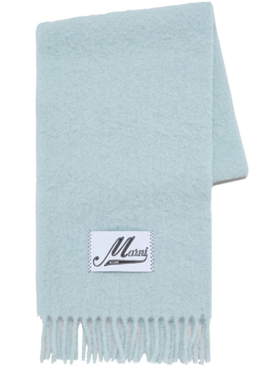 Marni Blue Logo-patch Brushed Scarf In Green