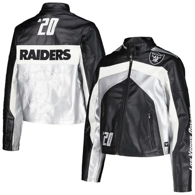 THE WILD COLLECTIVE THE WILD COLLECTIVE  BLACK LAS VEGAS RAIDERS FAUX LEATHER FULL-ZIP RACING JACKET