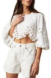 FREE PEOPLE OLEANDER EYELET COTTON & LINEN CROP TOP