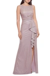 Betsy & Adam Glitter Cascading Ruffle Gown In Pink/ Gold