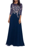 Betsy & Adam Petite Floral-embroidered Mesh Gown In Navy/ Rose