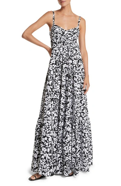 Michael Kors Floral Print Poplin Maxi Sundress In Blkopt Wh