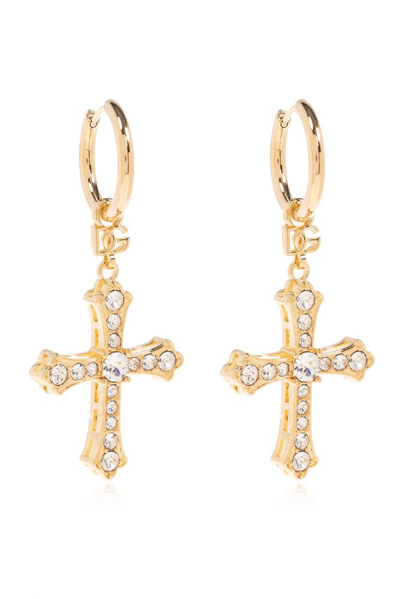 Dolce & Gabbana Cross Embellished Drop Earrings In Gold