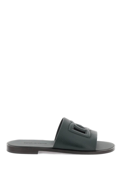 Dolce & Gabbana Cut Out Logo Leather Slides In Green