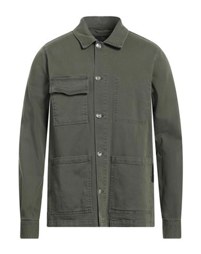 Care Label Man Denim Shirt Military Green Size L Cotton, Elastane