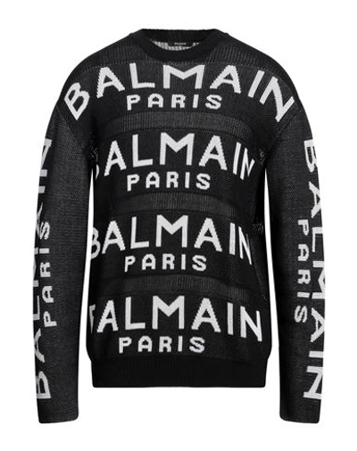 Balmain Black Long Sleeve Sweater With Intarsia Logo In Cotton Blend