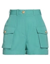 Balmain Light Blue Shorts With Cuff And Jewel Buttons In Wool Woman In Green
