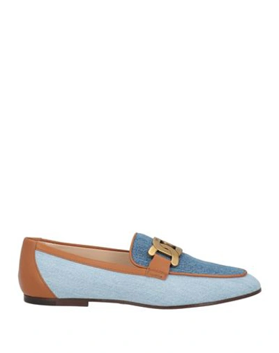 Tod's Woman Loafers Blue Size 8.5 Soft Leather, Cotton