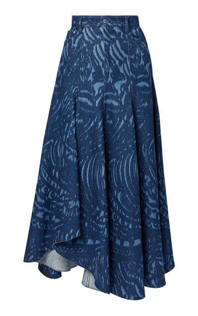 Erdem Embossed Flare Midi Skirt In Dark Wash