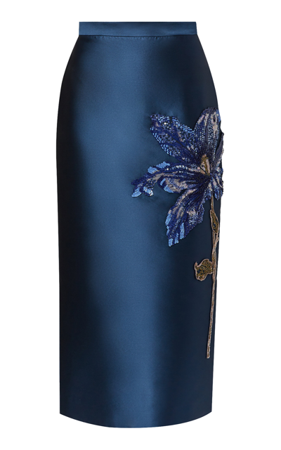 Erdem Satin Embroidered Sequined Midi Skirt In Navy
