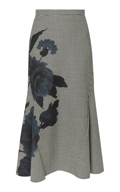 Erdem Wool Houndstooth Floral-printed Maxi Skirt In Grey