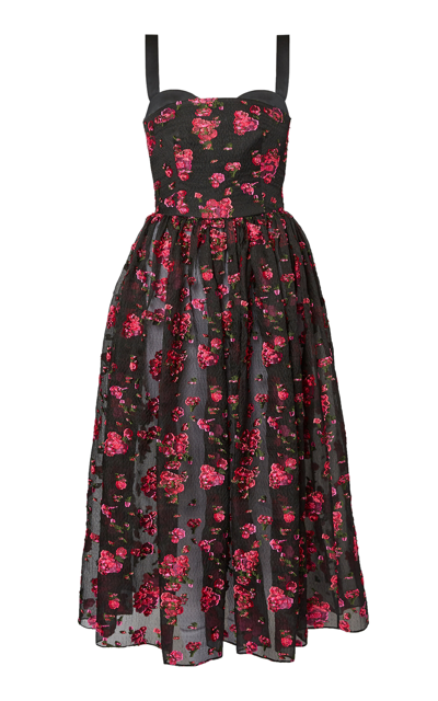 Erdem Satin Drop Waist Midi Dress In Black