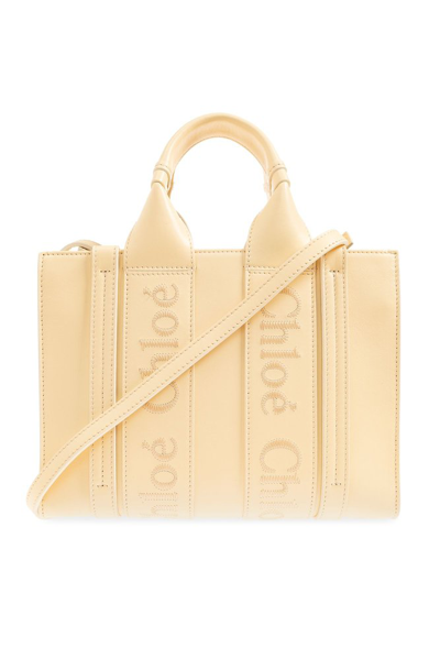 Chloé Woody Logo Embroidered Small Tote Bag In Beige