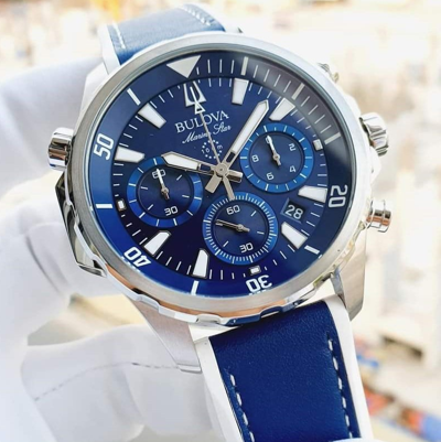 Pre-owned Bulova Marine Star Blue Dial Silver Tone Silicone Strap Men's Watch 96b287