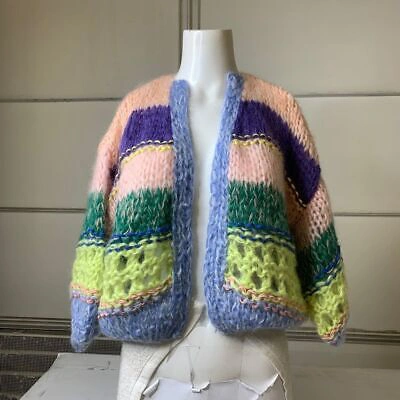 Pre-owned Maiami Stripes Galore Bomber Cardigan Women's Size S/m Light Blue In Multicolor