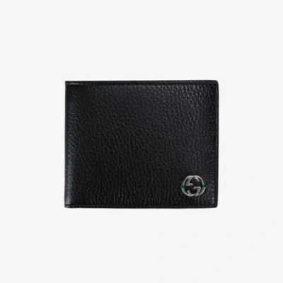 Pre-owned Gucci Interlocking Gg Bifold Leather Wallet Black With Green Interior
