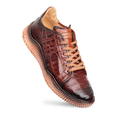 Pre-owned Mezlan Genuine Crocodile Leather Dress Sport Sneaker Shoes Waffle Sole Brown