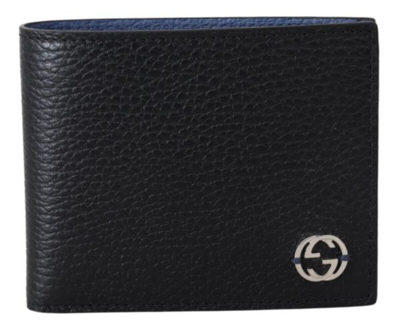 Pre-owned Gucci Interlocking Gg Bifold Leather Wallet, Black With Blue Interior