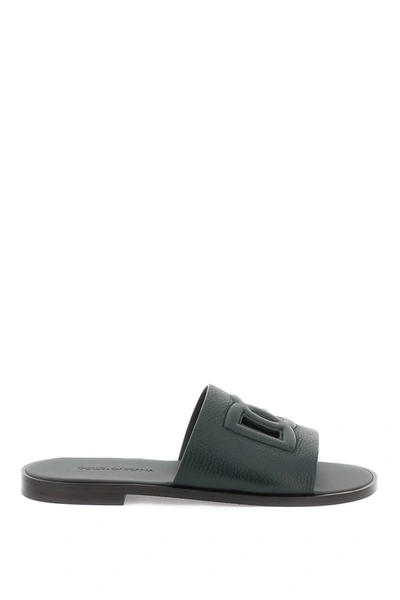 Dolce & Gabbana Cut-out Logo Leather Slides Men In Green