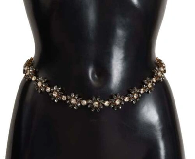 Pre-owned Dolce & Gabbana Dolce&gabbana Women Black Waist Leather Brass Daisy Crystal Skinny Dress Strap