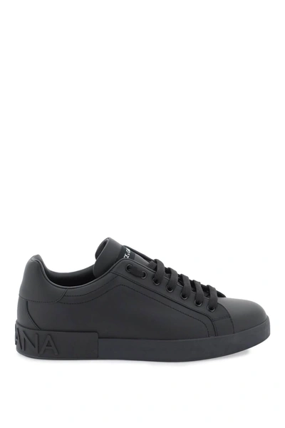 Dolce & Gabbana Leather Sneakers With Logo In Black