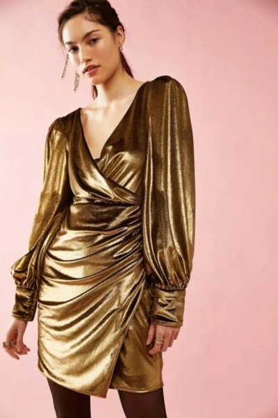 Pre-owned Patbo Metallic Velvet Mini Dress Size 6 Gold V Neck Womens Dress Draped