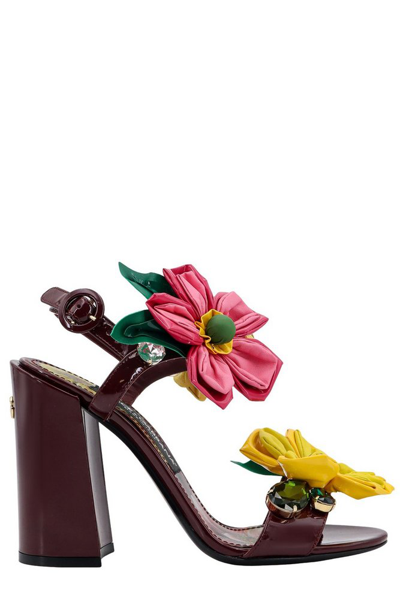 Dolce & Gabbana Floral Patch Block Heel Sandals In Red