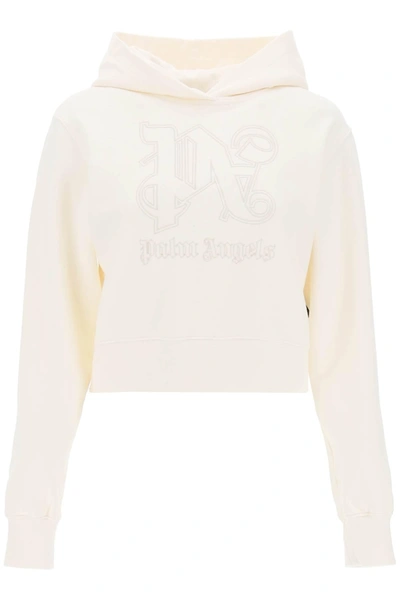 Palm Angels Cropped Hoodie With Monogram Embroidery In Off White Off White (white)