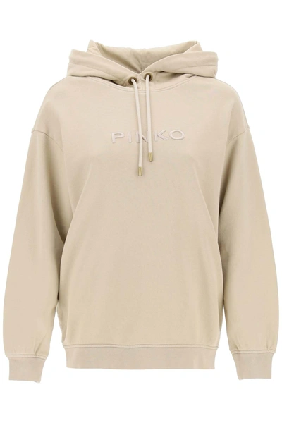 Pinko Skype Hoodie With Logo Embroidery In Beige