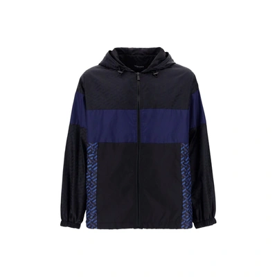 Versace Hooded Windbreaker Jacket In Blue