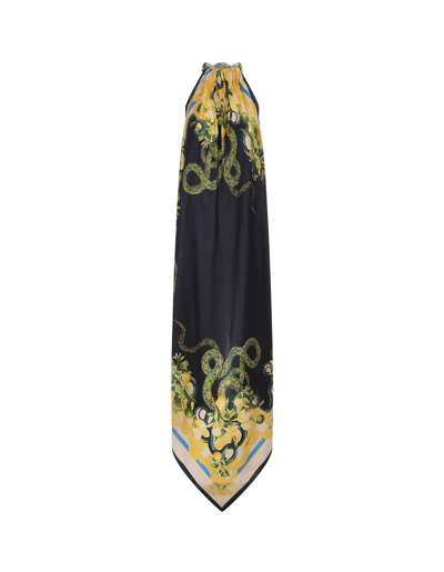 Roberto Cavalli Long Black Dress With Snake Print