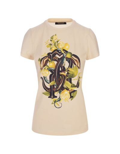Roberto Cavalli Ivory T-shirt With Lemons And Snake Print In White