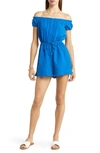 Bp. Seersucker Off The Shoulder Romper In Blue Racer