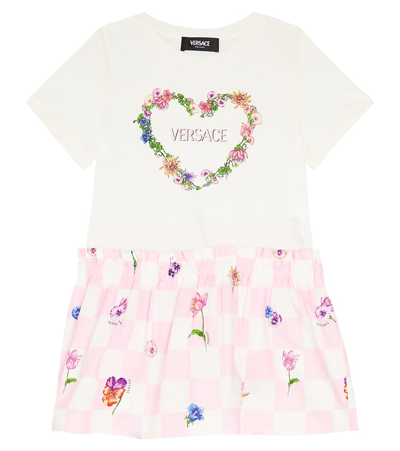 Versace Kids' White Dress For Girl With Multicolor Print In Bianco E Rosa