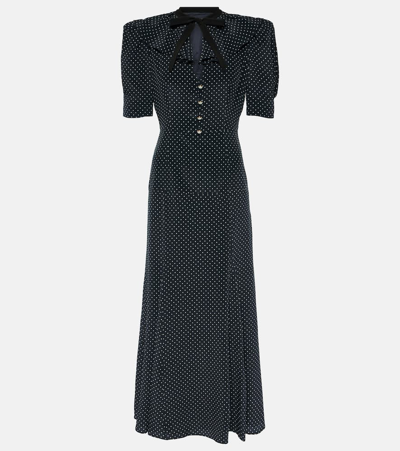 Alessandra Rich Bow-detailed Polka-dot Silk Crepe De Chine Midi Dress In Blue