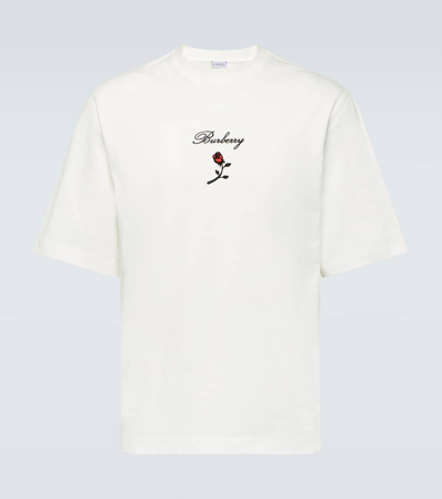 Burberry Rose Embroidered Logo Cotton Jersey T-shirt In White