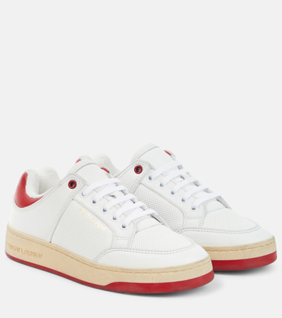 Saint Laurent Sl61 Logo-print Perforated Leather Sneakers In White And Vintage Red