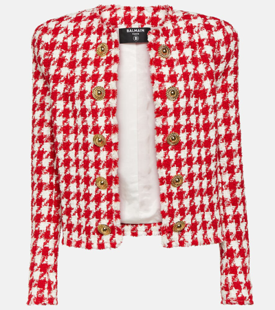 Balmain Button-embelllished Houndstooth Tweed Jacket In Multi