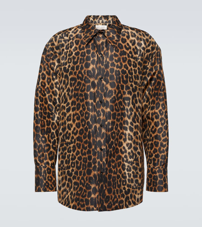 Saint Laurent Leopard-print Silk Shirt In Brown