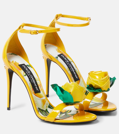 Dolce & Gabbana Keira Floral-appliqué Patent Leather Sandals In Yellow