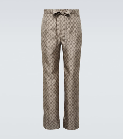 Gucci Gg Silk Straight Trousers In Beige