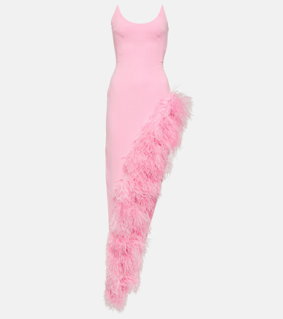 David Koma Feather-trimmed Asymmetric Gown In Pink
