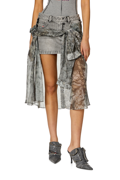 Diesel Denim Mini Skirt With Chiffon Overlay In Grigio