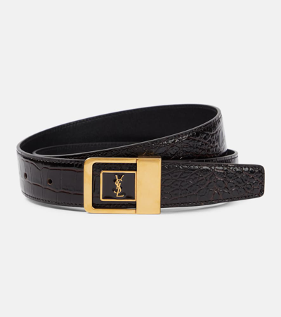 Saint Laurent Logo Croc-effect Leather Belt In Brown