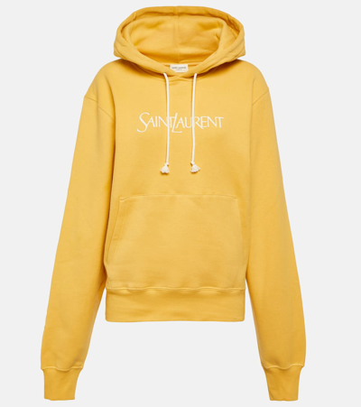 Saint Laurent Logo Cotton Jersey Hoodie In Yellow