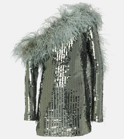 Taller Marmo Mini Garbo Sequined Feather-trimmed Minidress In Metallic