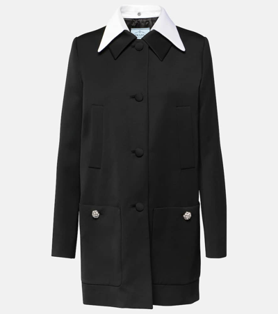 Prada Singled-breasted Wool Sateen Coat With Collar In Black