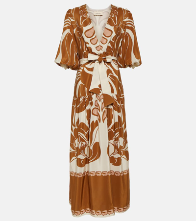Adriana Degreas Printed Puff-sleeve Silk Maxi Dress In Brown